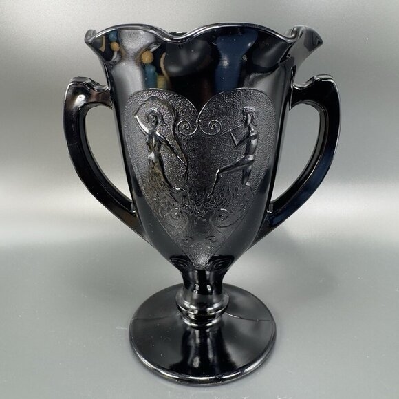 L E Smith Black Amethyst Glass Dancing Nymphs Trophy Glass Vase Etched Vintage - Picture 14 of 14